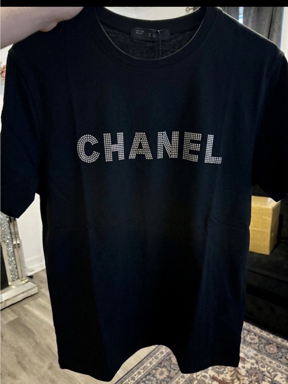 CHANEL Men Black Logo Crystal Tee